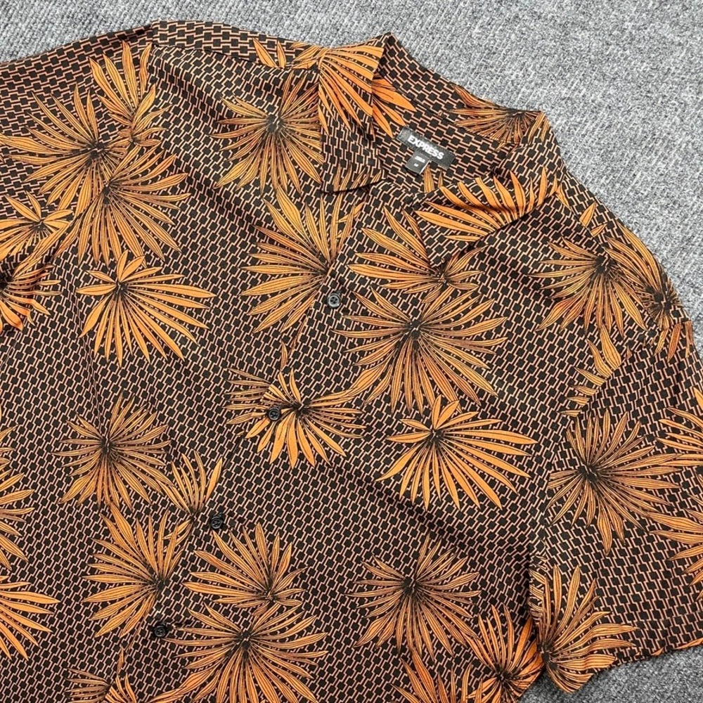 Express Mens Short Sleeve Button Down Shirt Black Orange Palm Rayon Y2K M